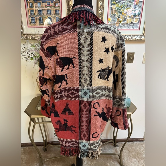 WRAPPER VINTAGE NATIVE WESTERN TAPESTRY FRINGE WRAP BLANKET COAT JACKET SIZE OS - Picture 3 of 15